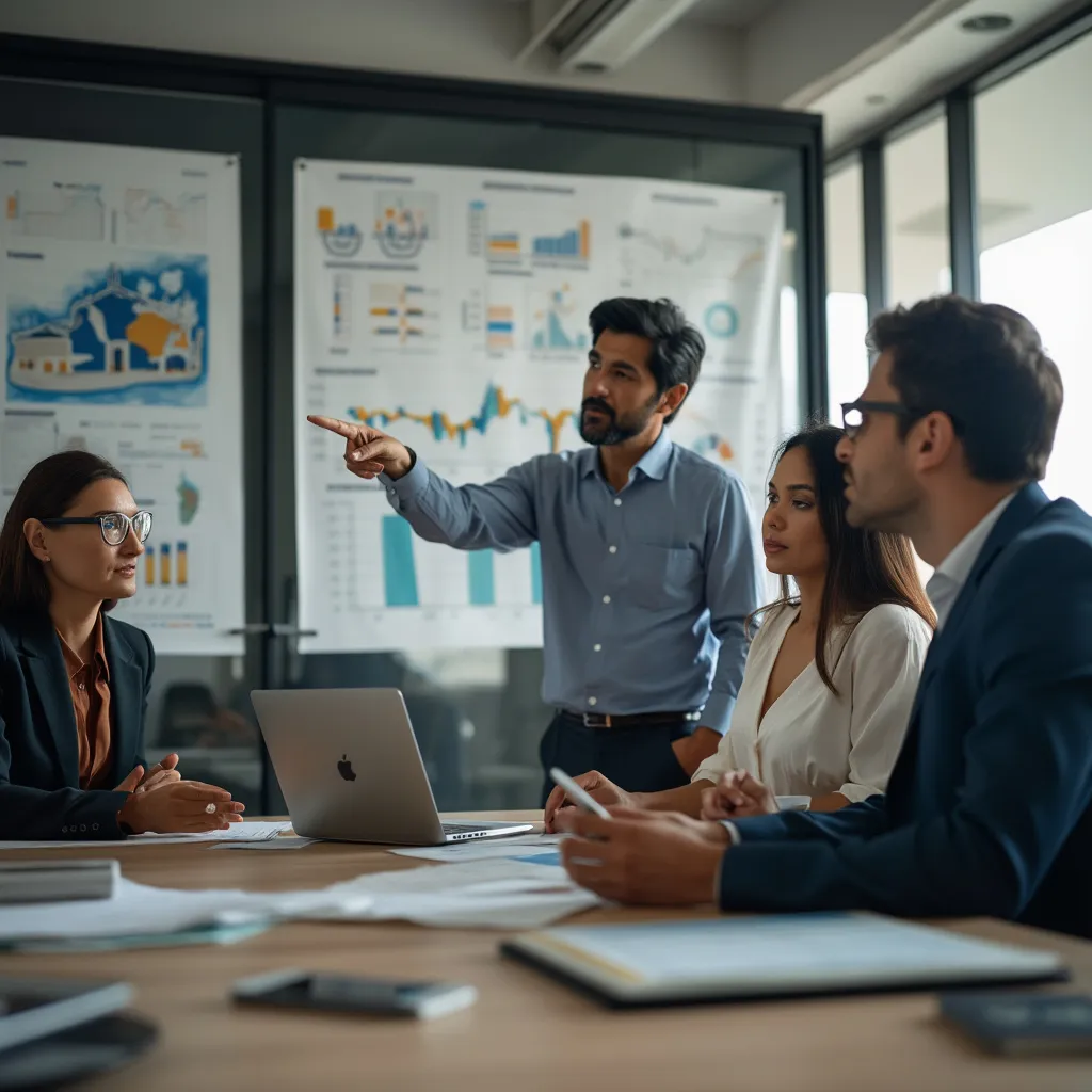 Equipo multidisciplinario discutiendo estrategias de inversión en oficina moderna