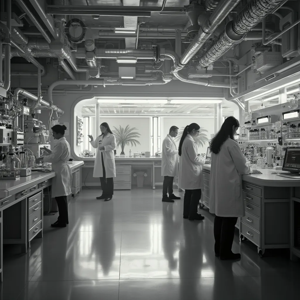Interior de un laboratorio de investigación y desarrollo energético con científicos